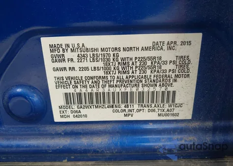 2015 Mitsubishi Outlander Sport Es из США, поврежденный, VIN 4A4AR3AUXFE032570